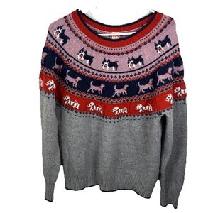Holiday Time Dog Fair Isle Sweater Women L (12-14) Gray Pink Metallic Christmas